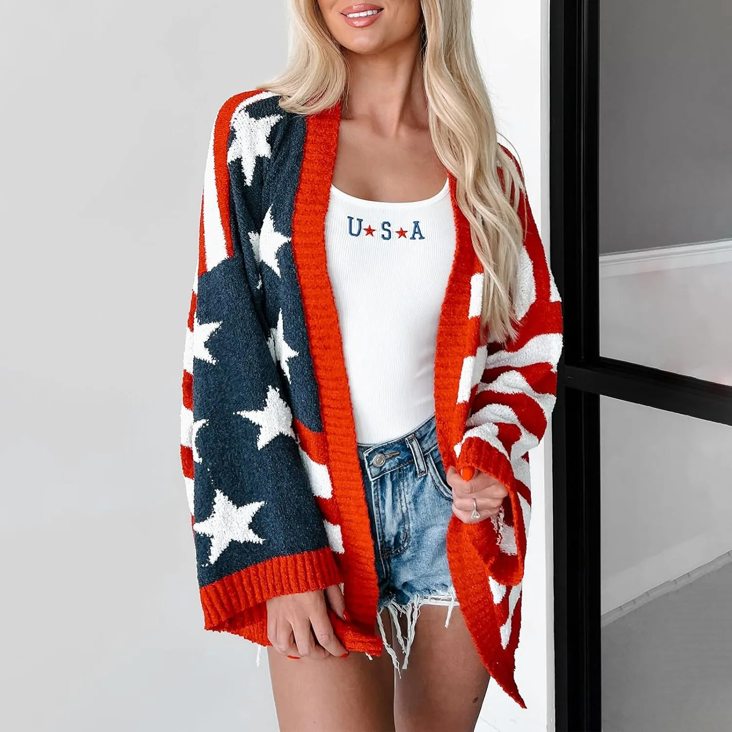 Luckinbaby Women American Flag Cardigan Long Sleeve Open Front Patriotic Sweater Oversized Knitwear Independence Day