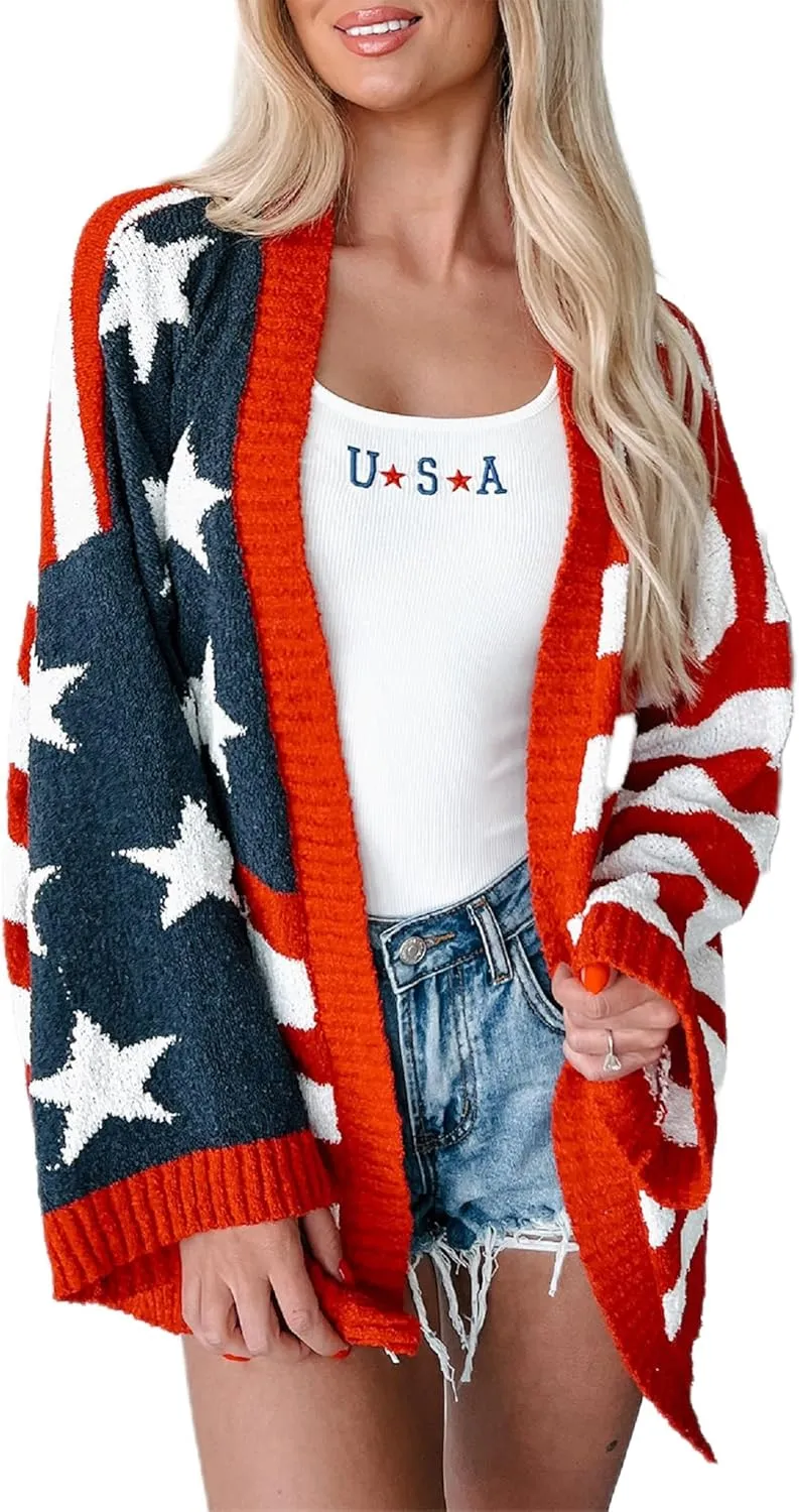 Luckinbaby Women American Flag Cardigan Long Sleeve Open Front Patriotic Sweater Oversized Knitwear Independence Day