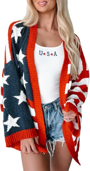 Luckinbaby Women American Flag Cardigan Long Sleeve Open Front Patriotic Sweater Oversized Knitwear Independence Day