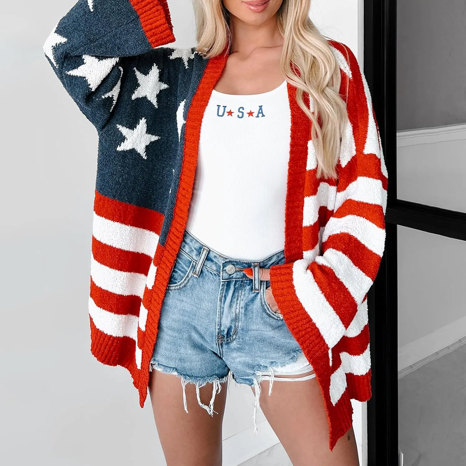 Luckinbaby Women American Flag Cardigan Long Sleeve Open Front Patriotic Sweater Oversized Knitwear Independence Day