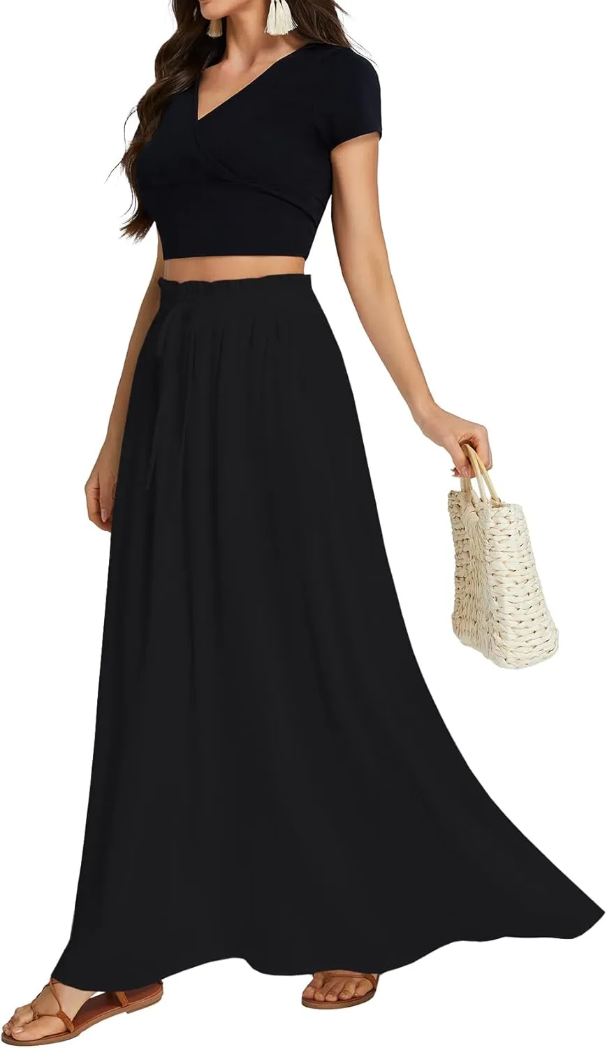 LYANER Women's Shirred Smocked Frill Drawstring Pleated High Waist Solid Maxi Skirt