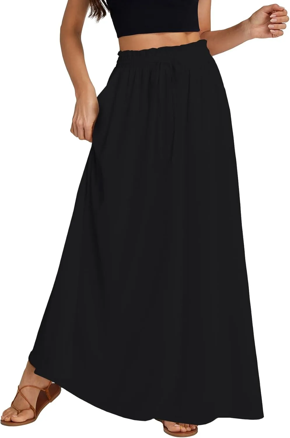 LYANER Women's Shirred Smocked Frill Drawstring Pleated High Waist Solid Maxi Skirt