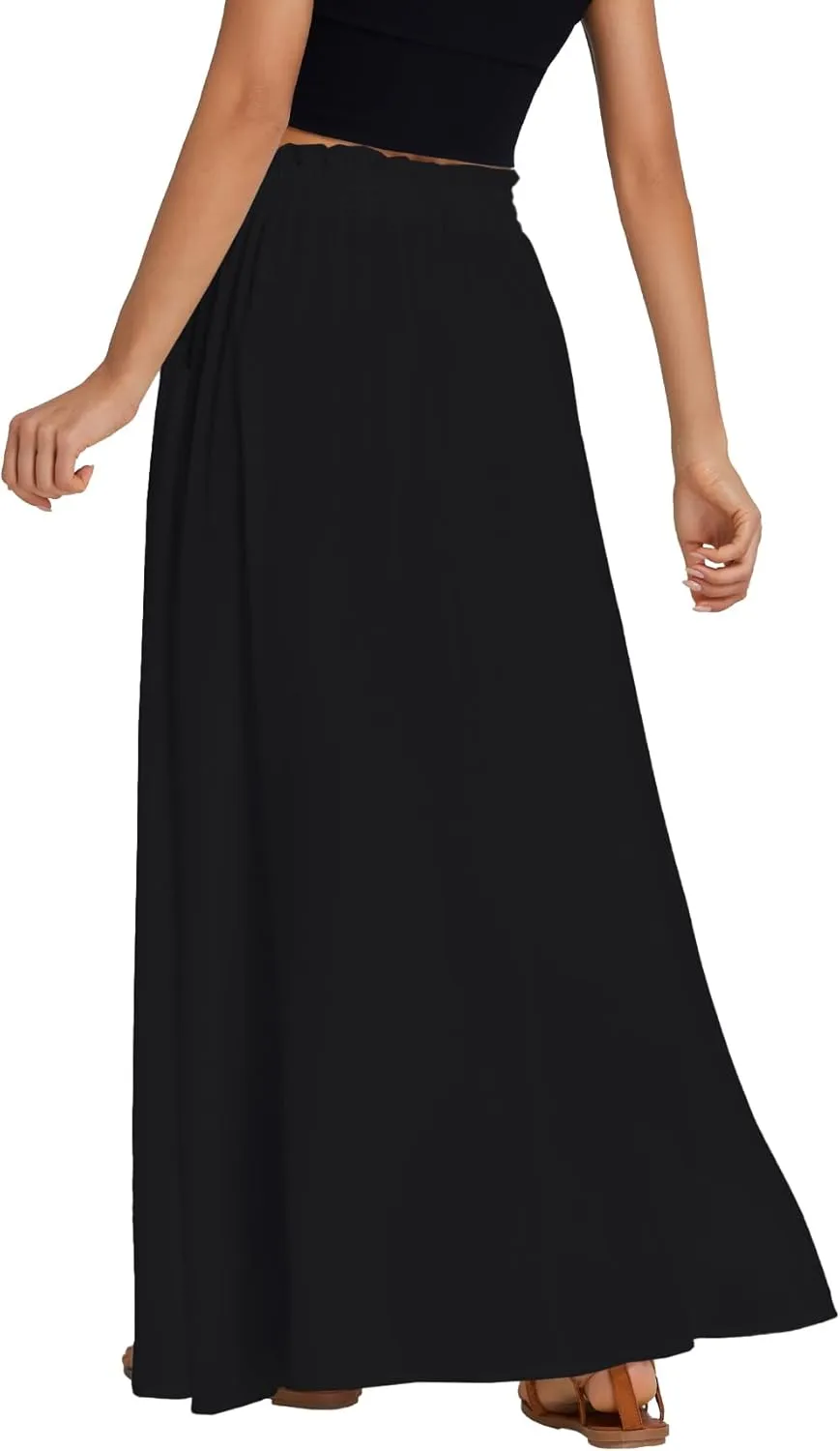 LYANER Women's Shirred Smocked Frill Drawstring Pleated High Waist Solid Maxi Skirt