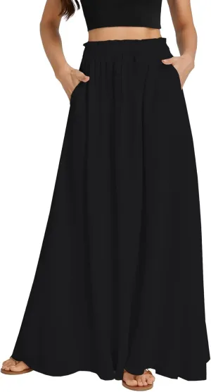 LYANER Women's Shirred Smocked Frill Drawstring Pleated High Waist Solid Maxi Skirt