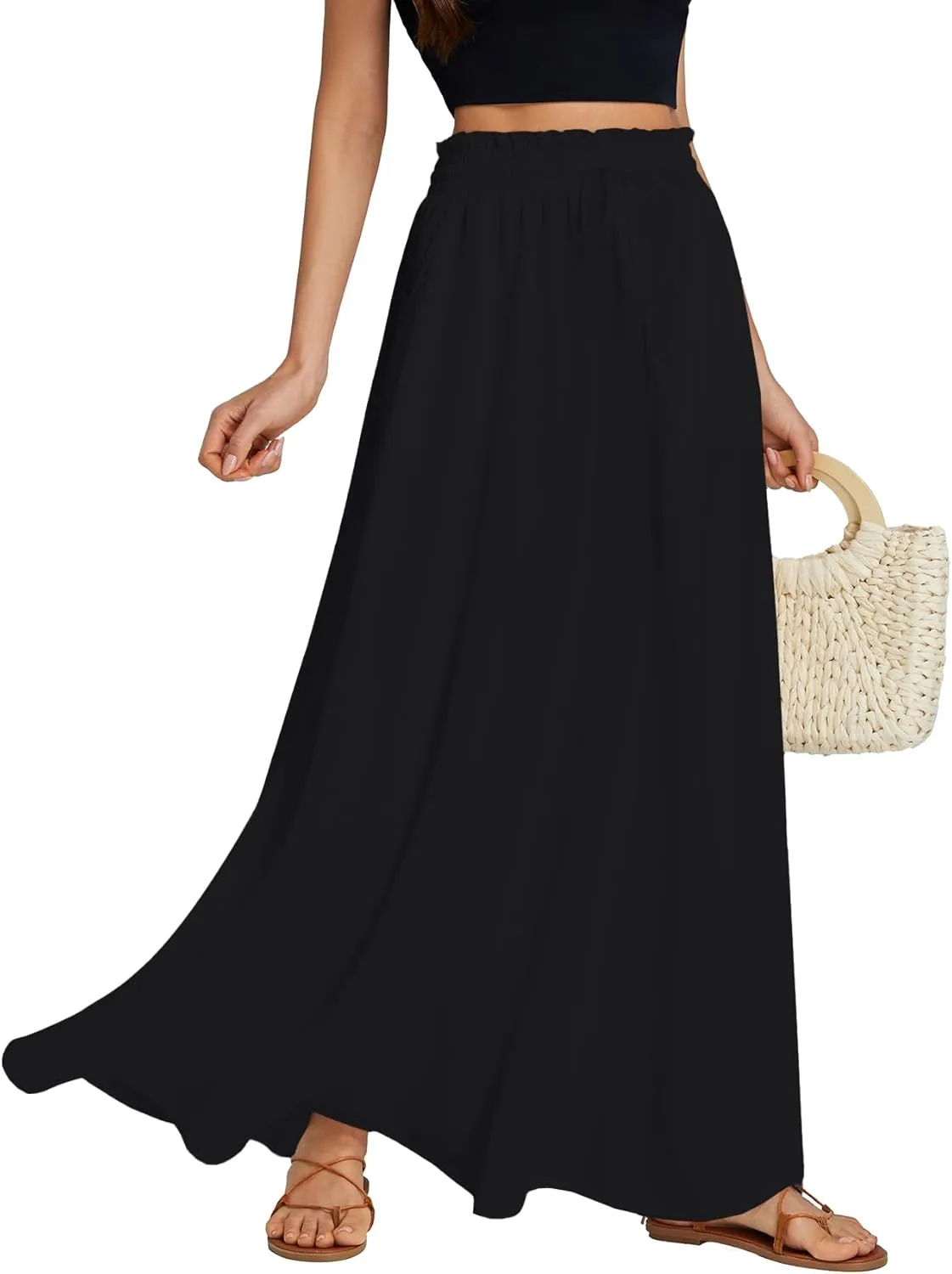LYANER Women's Shirred Smocked Frill Drawstring Pleated High Waist Solid Maxi Skirt