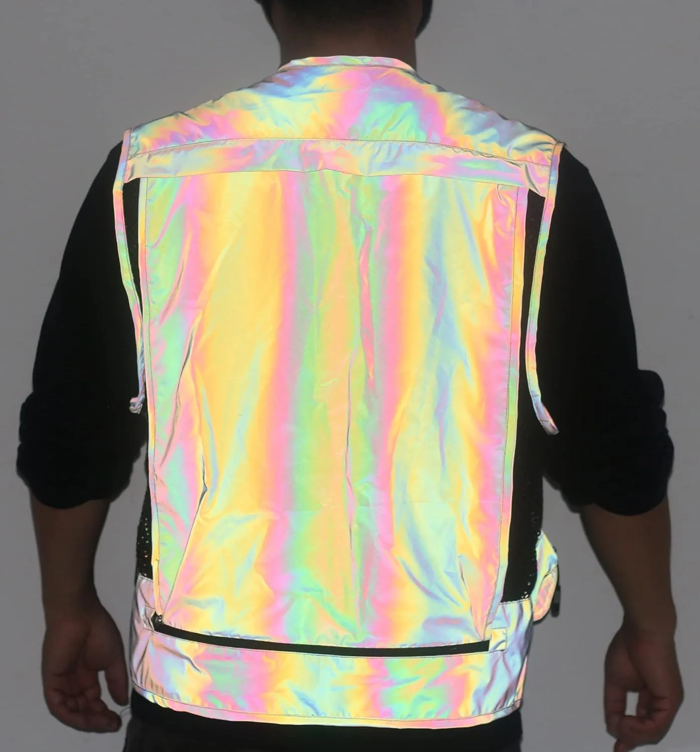 LZLRUN Mesh Rainbow Reflective Cargo Multi-pocket Vest for Men Fishing Outdoor Work Jacket