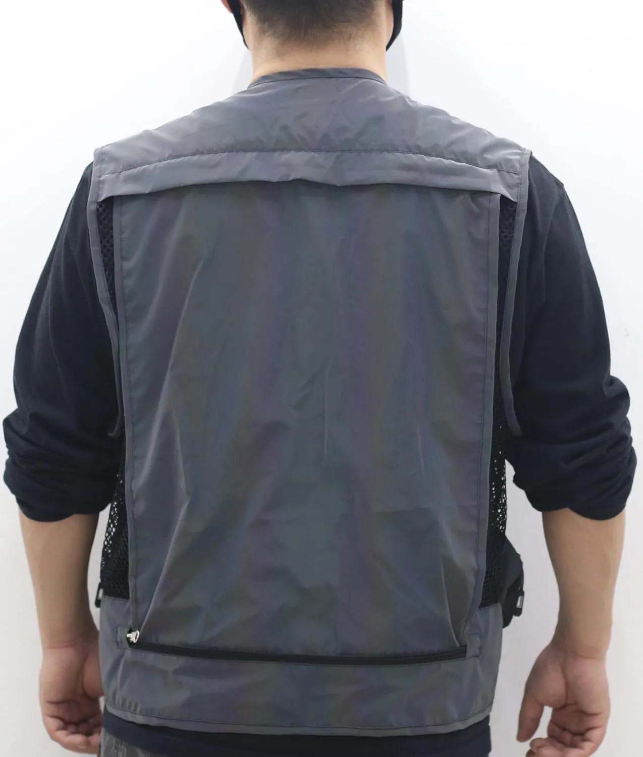 LZLRUN Mesh Rainbow Reflective Cargo Multi-pocket Vest for Men Fishing Outdoor Work Jacket