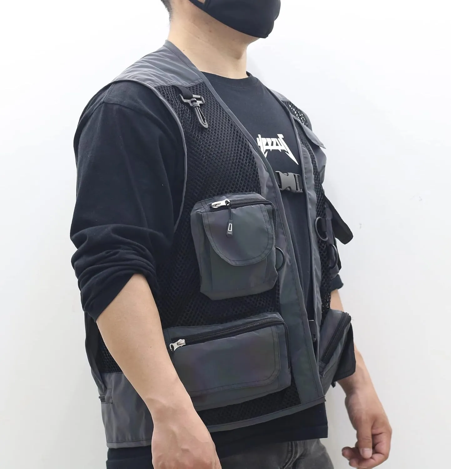 LZLRUN Mesh Rainbow Reflective Cargo Multi-pocket Vest for Men Fishing Outdoor Work Jacket