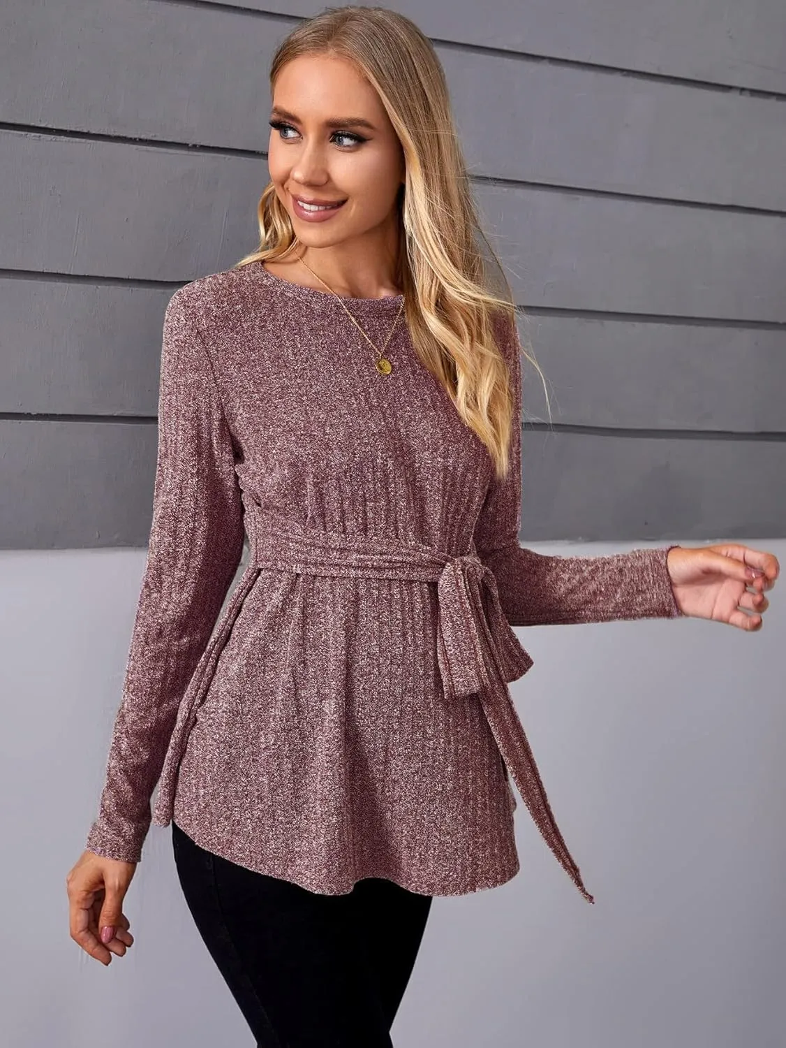 MakeMeChic Women's Maternity Shirts Casual Long Sleeve Tie Front Ribbed Knit Pregnancy Tee Top
