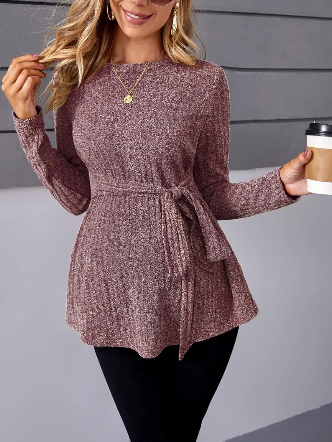 MakeMeChic Women's Maternity Shirts Casual Long Sleeve Tie Front Ribbed Knit Pregnancy Tee Top