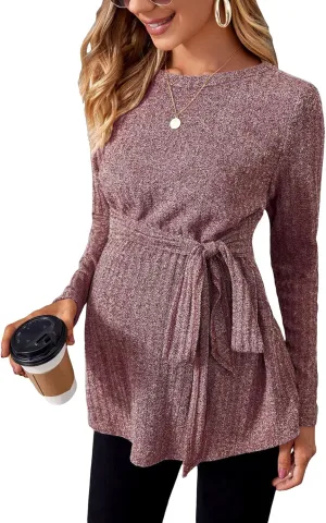 MakeMeChic Women's Maternity Shirts Casual Long Sleeve Tie Front Ribbed Knit Pregnancy Tee Top