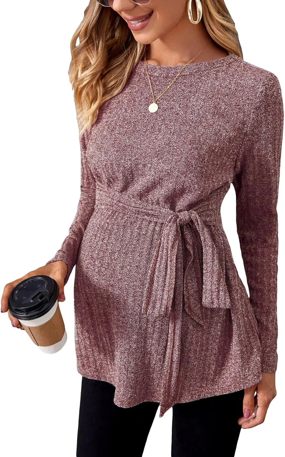 MakeMeChic Women's Maternity Shirts Casual Long Sleeve Tie Front Ribbed Knit Pregnancy Tee Top