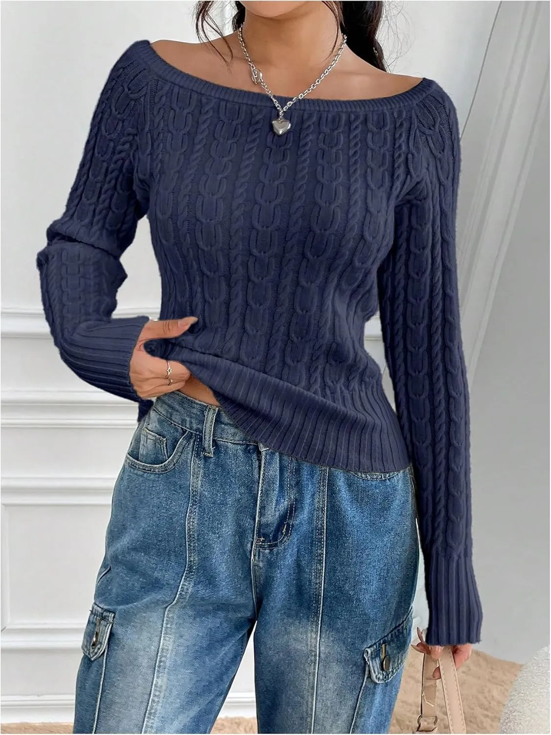MakeMeChic Women's Off The Shoulder Sweater Cable Knit Long Sleeve Ribbed Fall Going Out Tops Sweater Pullover