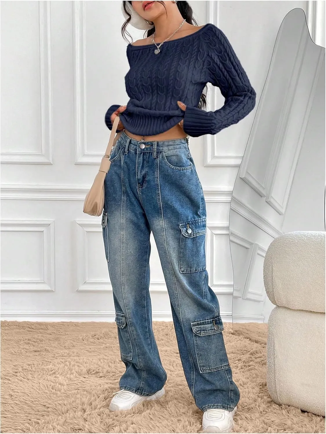 MakeMeChic Women's Off The Shoulder Sweater Cable Knit Long Sleeve Ribbed Fall Going Out Tops Sweater Pullover