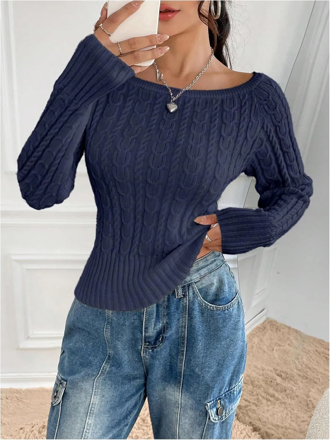 MakeMeChic Women's Off The Shoulder Sweater Cable Knit Long Sleeve Ribbed Fall Going Out Tops Sweater Pullover