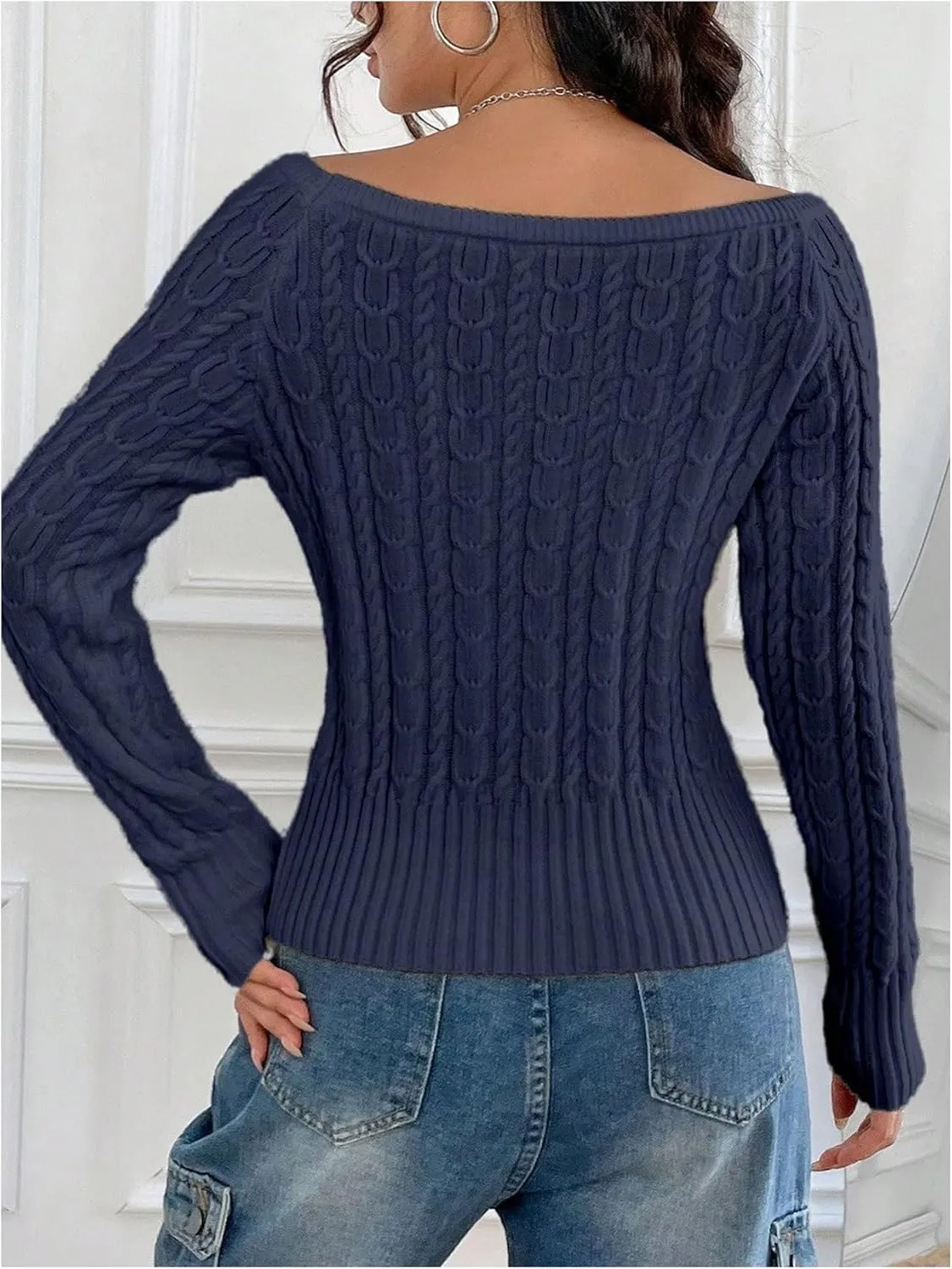 MakeMeChic Women's Off The Shoulder Sweater Cable Knit Long Sleeve Ribbed Fall Going Out Tops Sweater Pullover