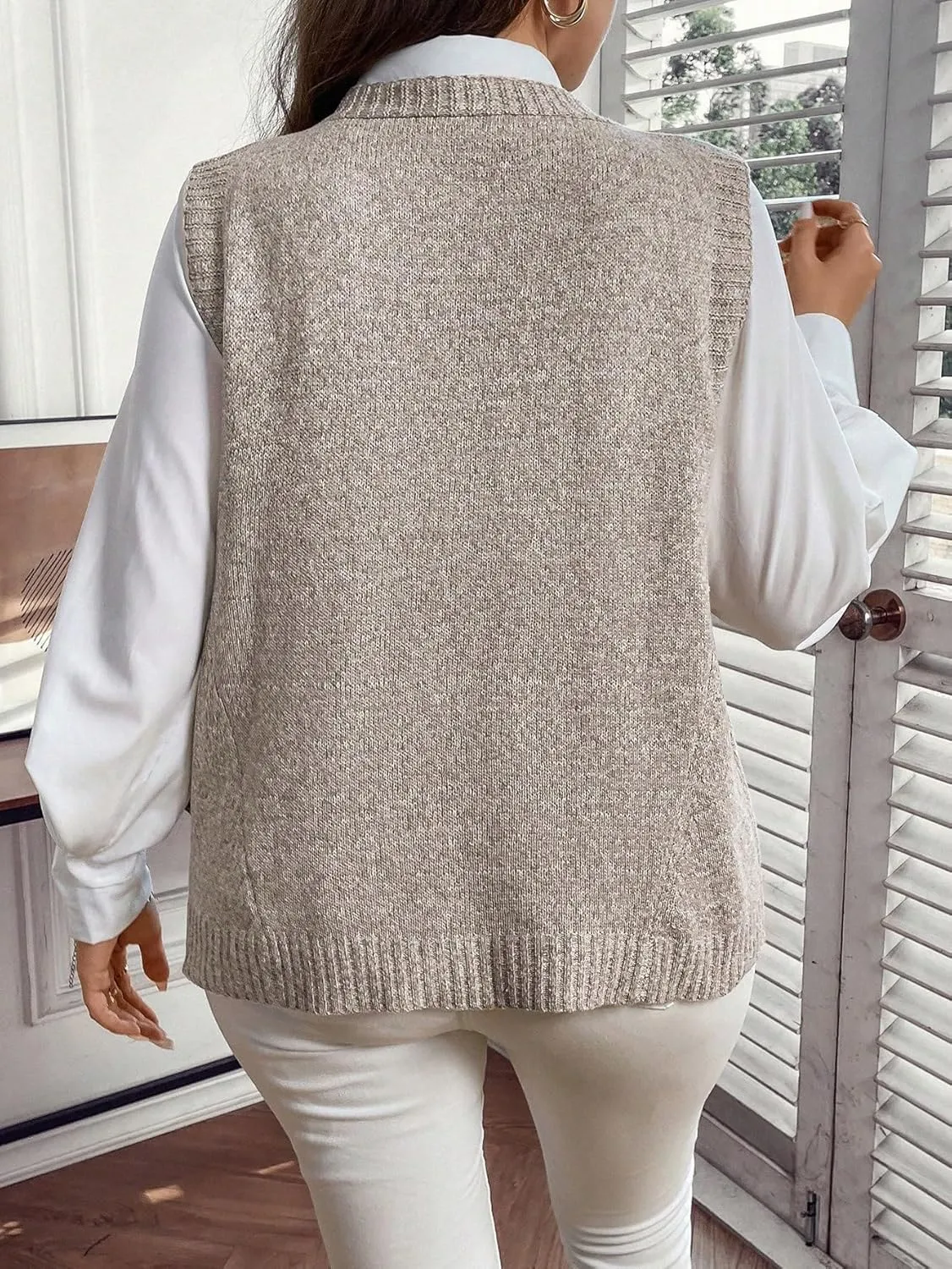 MakeMeChic Women's Plus Size Oversized Sweater Vest Top V Neck Sleeveless Pullover Knit Vest Sweater