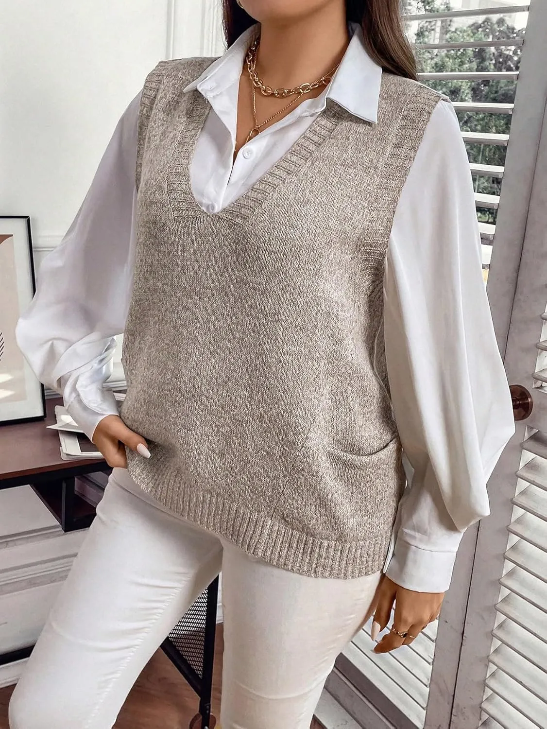 MakeMeChic Women's Plus Size Oversized Sweater Vest Top V Neck Sleeveless Pullover Knit Vest Sweater