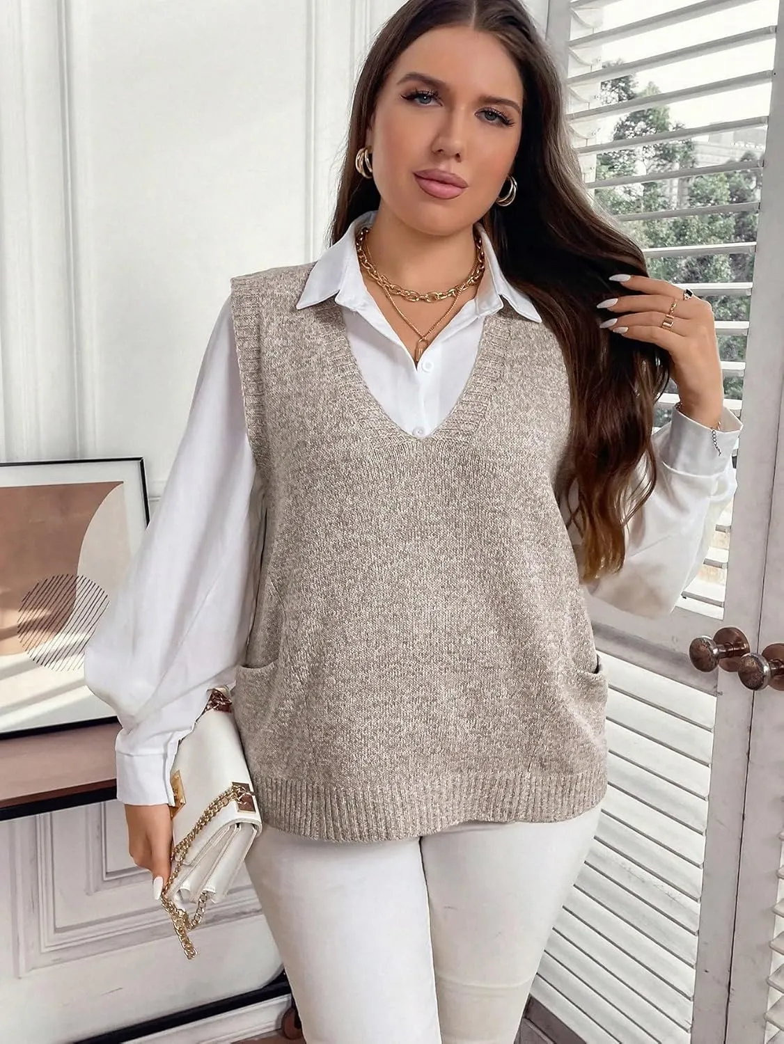 MakeMeChic Women's Plus Size Oversized Sweater Vest Top V Neck Sleeveless Pullover Knit Vest Sweater