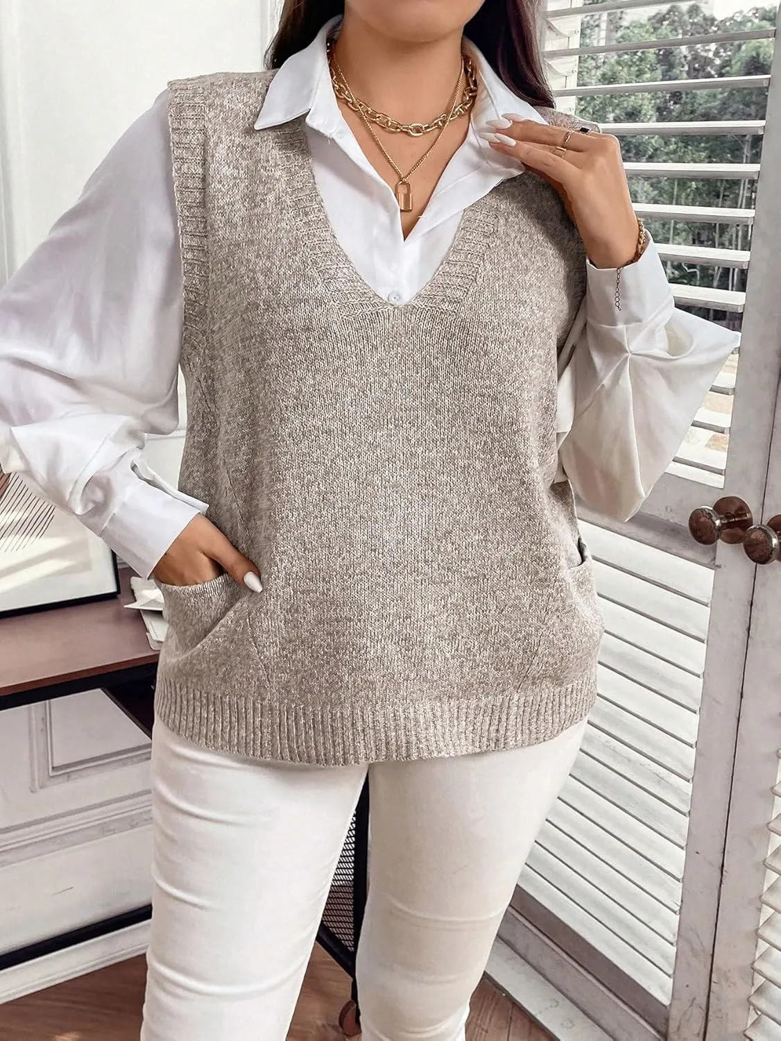 MakeMeChic Women's Plus Size Oversized Sweater Vest Top V Neck Sleeveless Pullover Knit Vest Sweater
