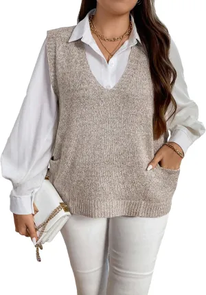 MakeMeChic Women's Plus Size Oversized Sweater Vest Top V Neck Sleeveless Pullover Knit Vest Sweater
