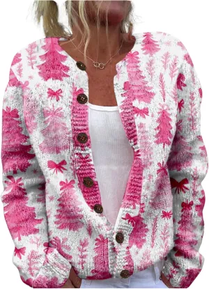 MARSVOVO Christmas Cardigan for Women Crew Neck Open Front Button Down Knit Coat Ugly Christmas Sweater Women