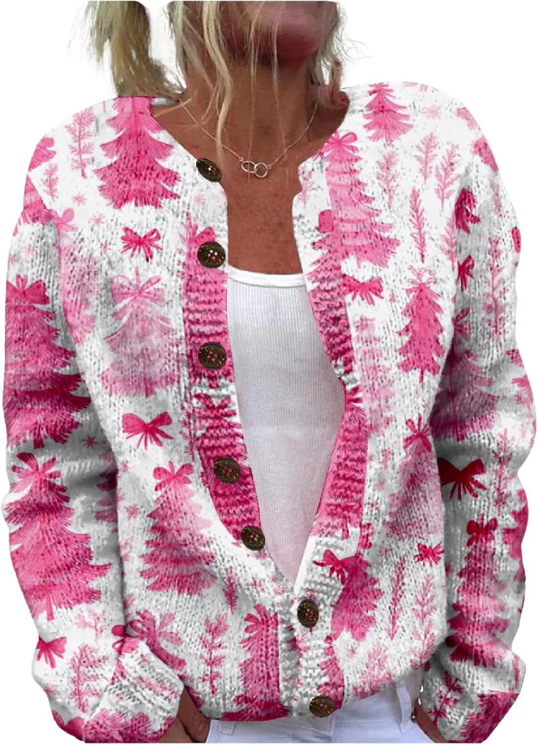MARSVOVO Christmas Cardigan for Women Crew Neck Open Front Button Down Knit Coat Ugly Christmas Sweater Women
