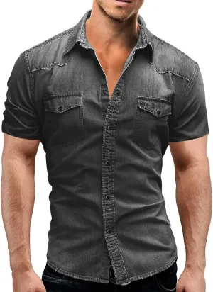 MARSVOVO Mens Short Sleeve Denim Shirt Beach Denim Button Down Tank Tops Basic Scoop Neck Solid Jean Vest with Pockets