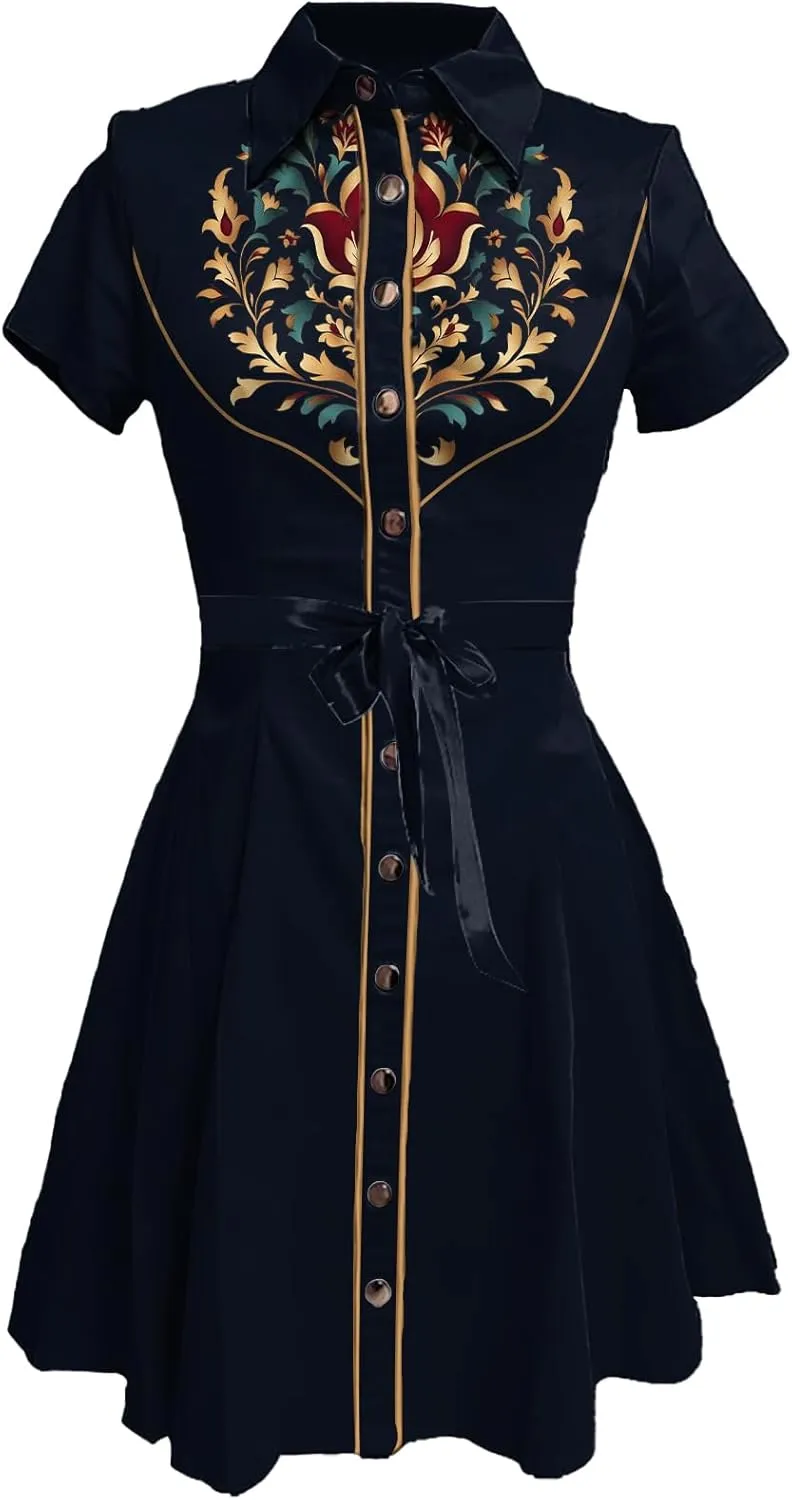 MARSVOVO Vintage Western Flower Printed Shirt Dress Women Summer Button Down Casual Retro Cowgirl Style Midi Dresses