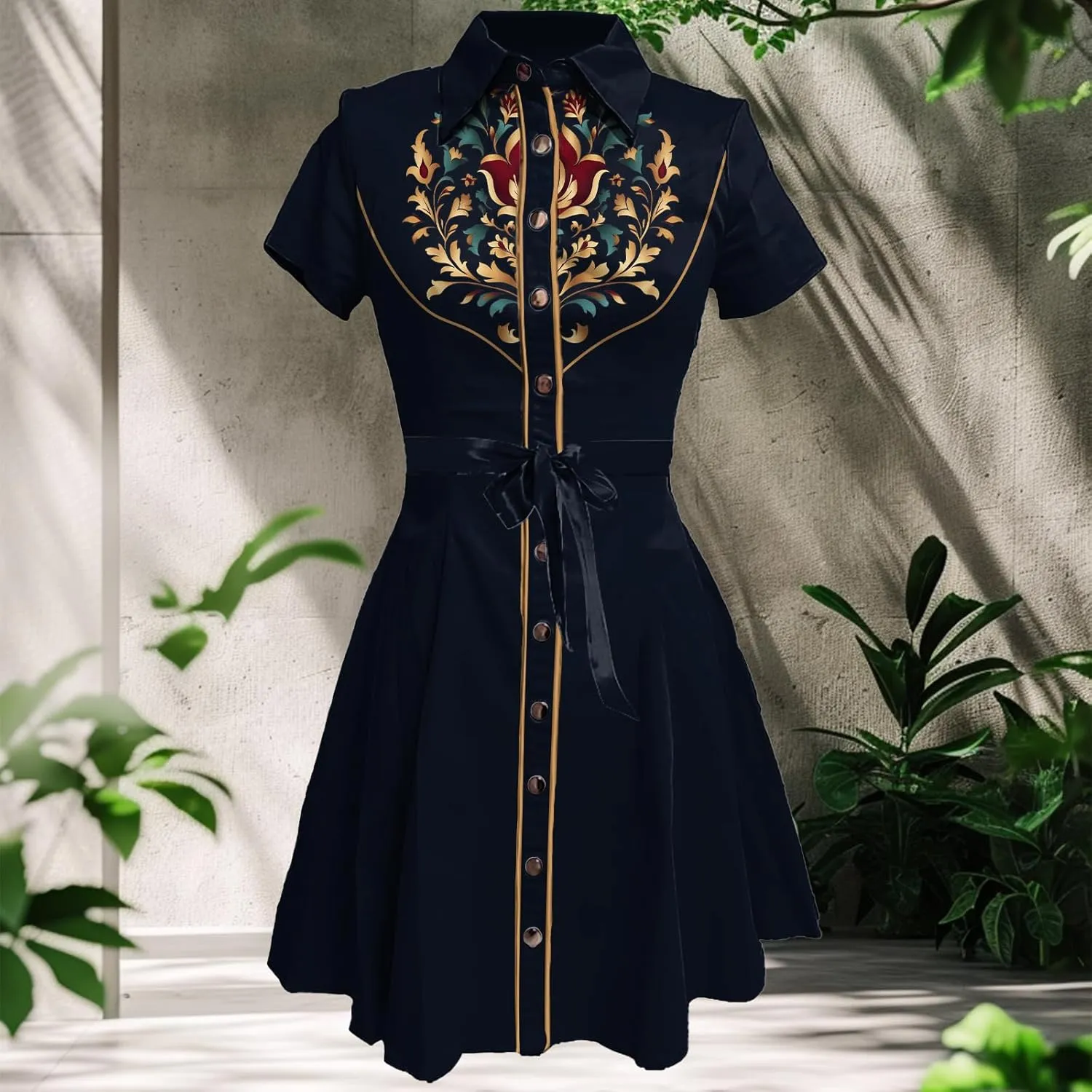 MARSVOVO Vintage Western Flower Printed Shirt Dress Women Summer Button Down Casual Retro Cowgirl Style Midi Dresses