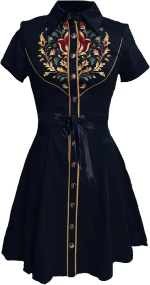MARSVOVO Vintage Western Flower Printed Shirt Dress Women Summer Button Down Casual Retro Cowgirl Style Midi Dresses