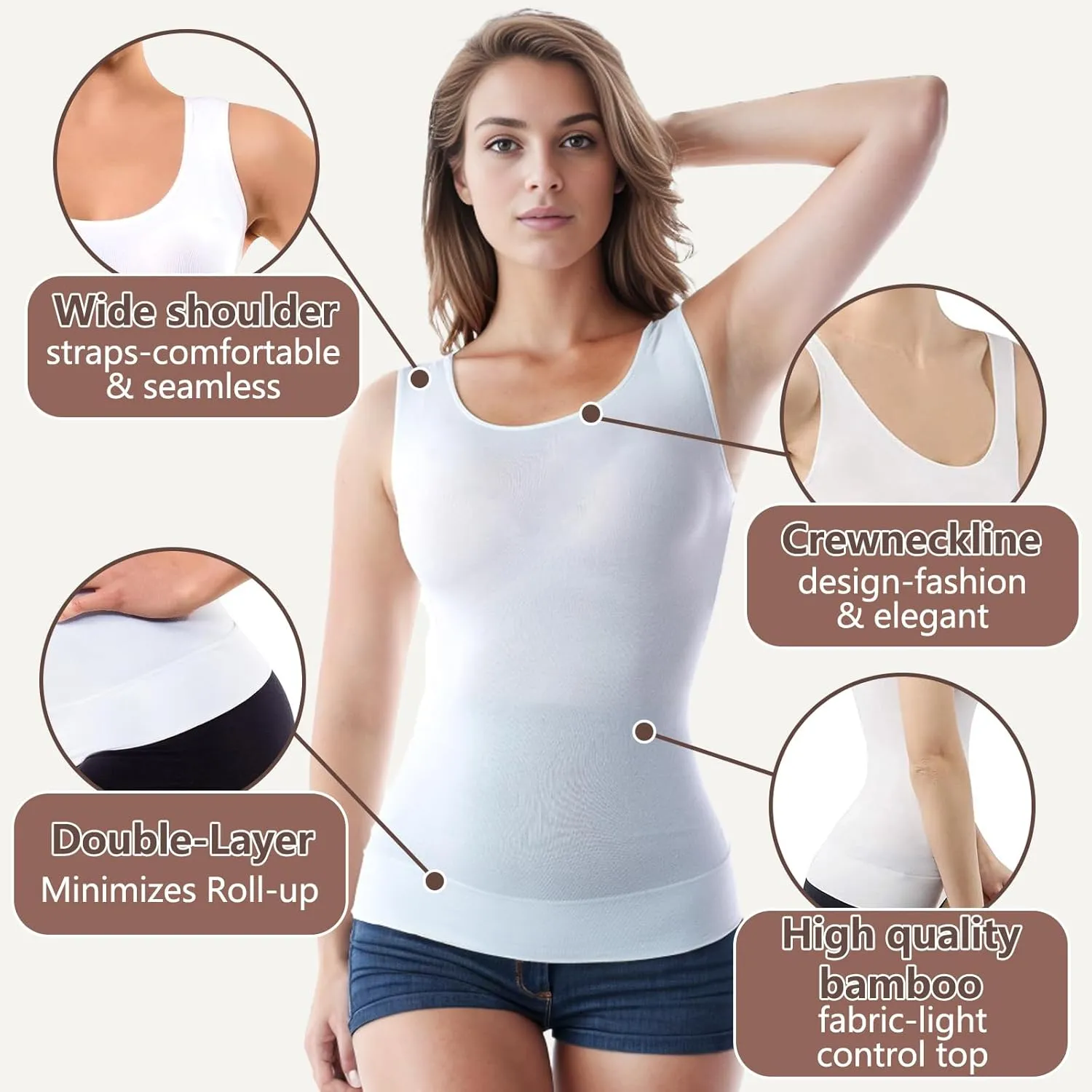  MD Womens Undershirt Short Sleeve, Compression T-Shirt Tank Tops, Tummy Control Scoop Neck Basic Tee Camisole Seamless