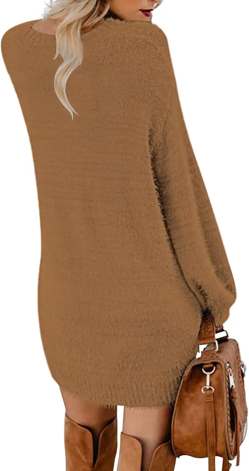 Meenew Women's Furry Pullover Sweater Dress Loose Oversized Long Knitted Tops