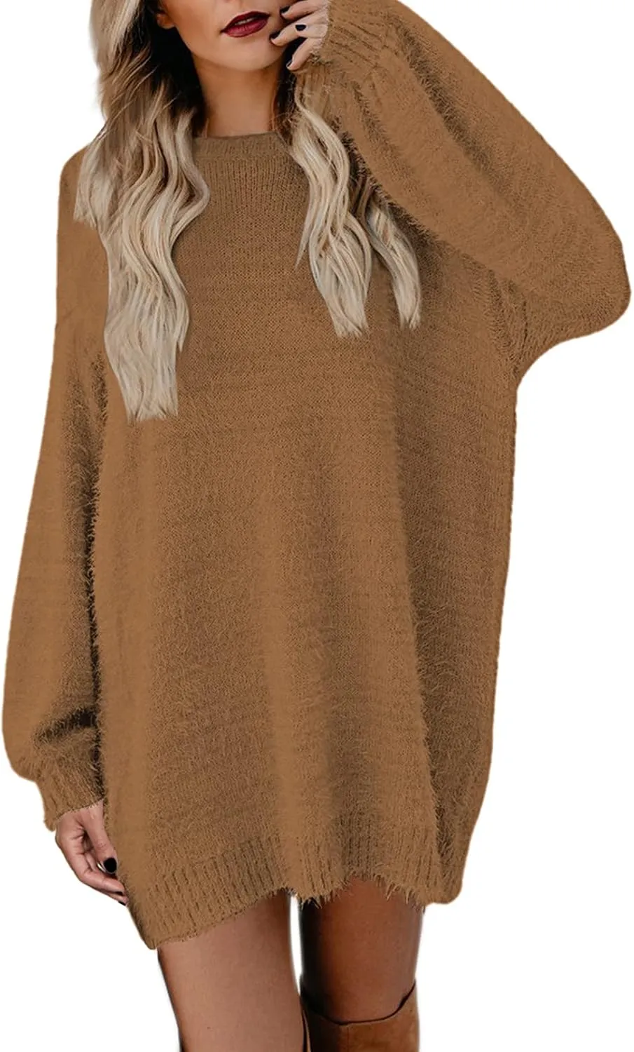 Meenew Women's Furry Pullover Sweater Dress Loose Oversized Long Knitted Tops