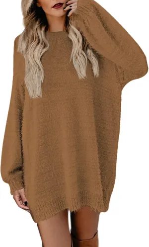 Meenew Women's Furry Pullover Sweater Dress Loose Oversized Long Knitted Tops