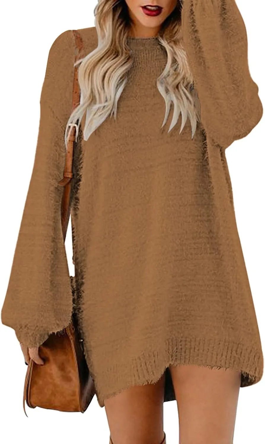Meenew Women's Furry Pullover Sweater Dress Loose Oversized Long Knitted Tops