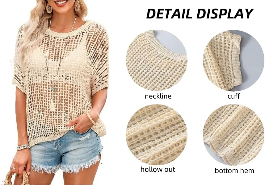 Melliflo Womens Fashion Sweater Casual Off The Shoulder Short Sleeve Hollow Out Sweater Pullover Knit Tops