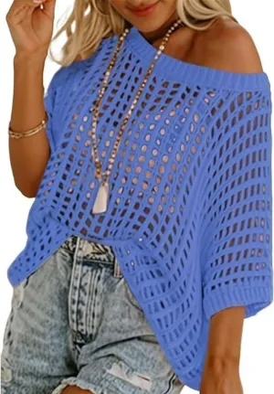 Melliflo Womens Fashion Sweater Casual Off The Shoulder Short Sleeve Hollow Out Sweater Pullover Knit Tops