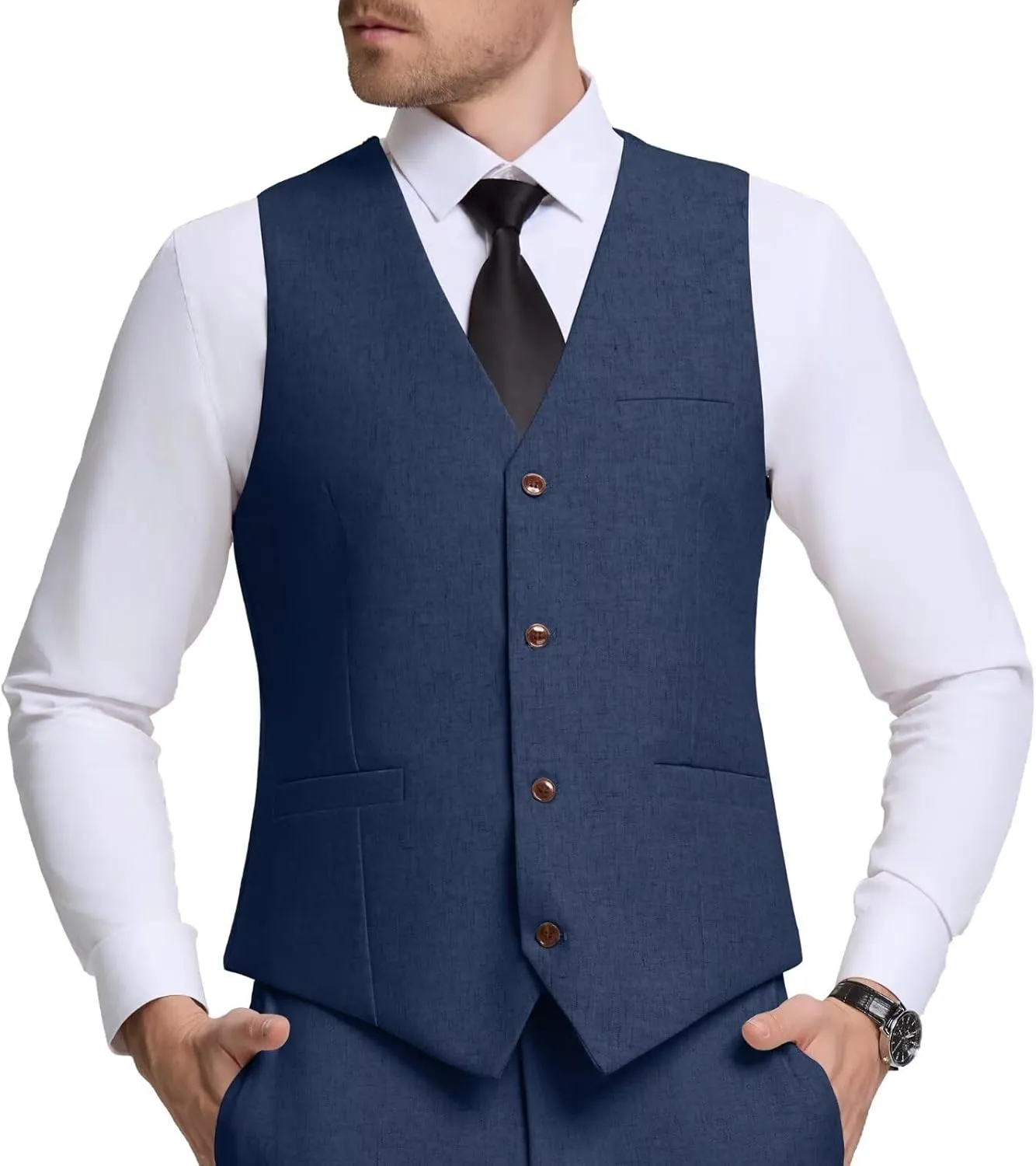 Men Linen Vest Casual Suit Vests Regular Fit Beach Wedding Waistcoat For Mens Groomsmen Party Dress Vest