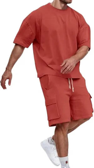 Men Outfits 2 Piece Fashion Casual Summer Drop Shoulder Oversize Tee Shirt Shorts Set Athletic Jogging Tracksuit