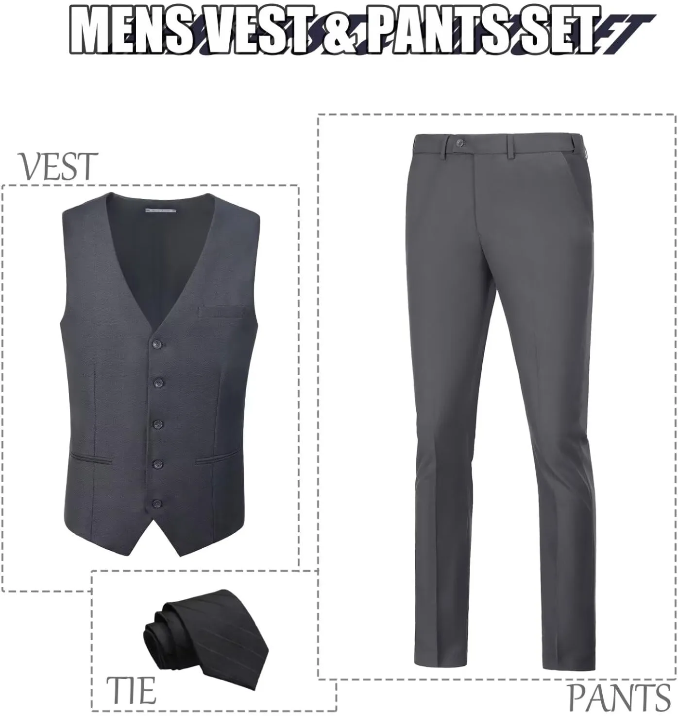 Men's 2 Piece Vest Pants Set Slim Fit Wedding Suit for Men with Tie Tuxedo Set for Business Christmas