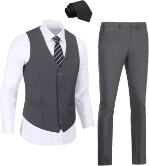 Men's 2 Piece Vest Pants Set Slim Fit Wedding Suit for Men with Tie Tuxedo Set for Business Christmas