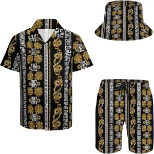 Men's Button Shirt Beach Shorts Set, Hawaiian Short Sleeve Shirt Quick Dry Beach Shorts 2 Pcs with Bucket Hat