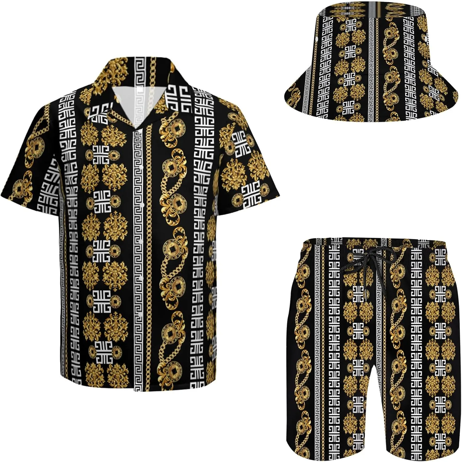 Men's Button Shirt Beach Shorts Set, Hawaiian Short Sleeve Shirt Quick Dry Beach Shorts 2 Pcs with Bucket Hat