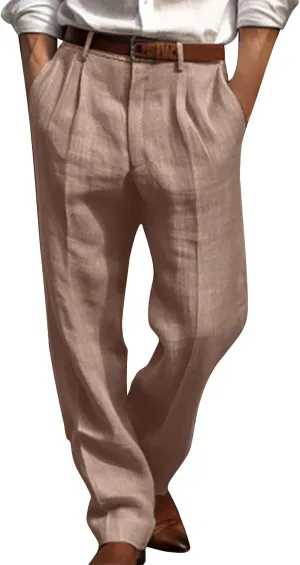 Mens Casual Linen Pants Loose Fit Elastic Drawstring Waist Straight-Legs Summer Yoga Beach Long Pants Trousers