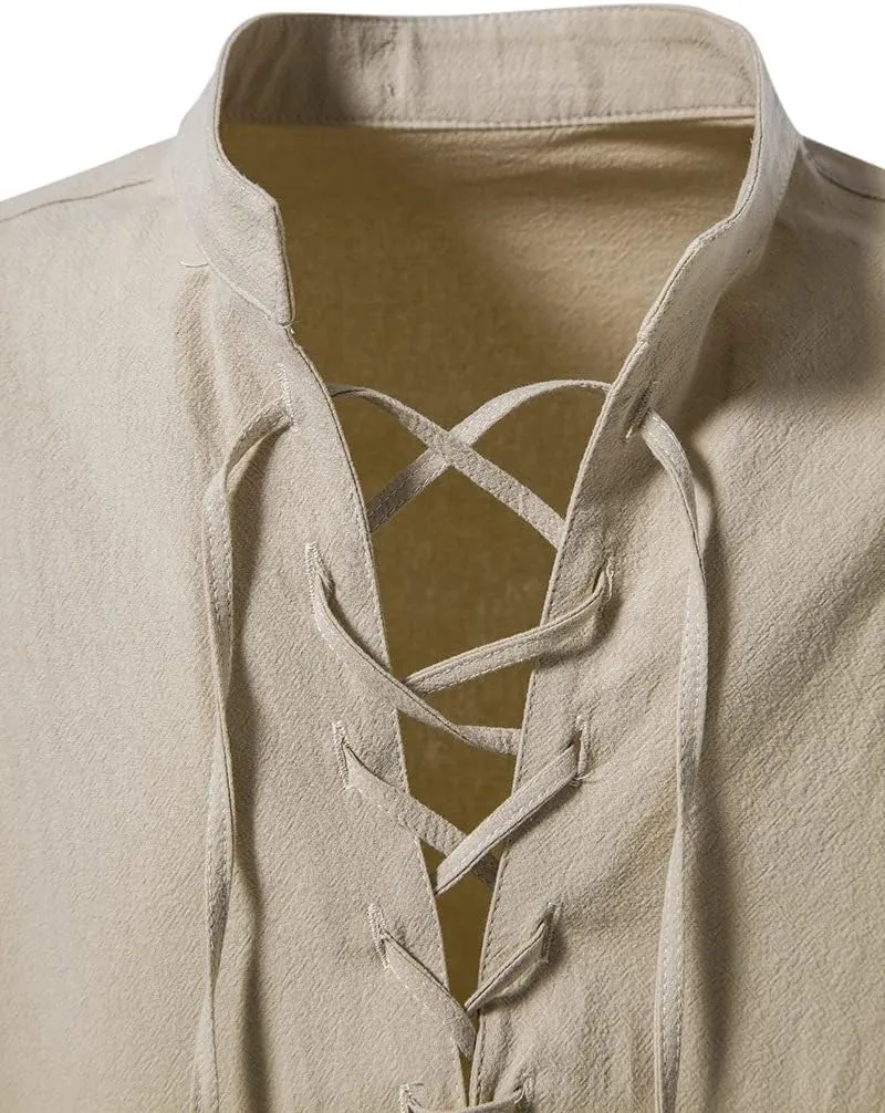 Men's Cotton Linen Lace Up Shirts Pirate Medieval Viking Renaissance Halloween Costume Drawstring Arm Banded Tops