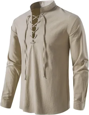 Men's Cotton Linen Lace Up Shirts Pirate Medieval Viking Renaissance Halloween Costume Drawstring Arm Banded Tops