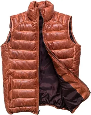 Men's Distressed Leather Puffer Waistcoat - Brown Padded Lambskin Vest