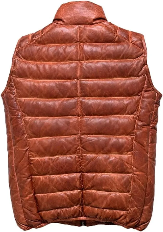 Men's Distressed Leather Puffer Waistcoat - Brown Padded Lambskin Vest