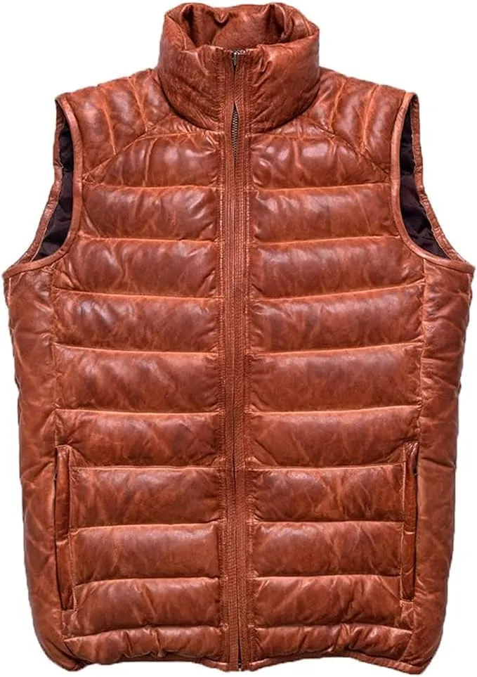 Men's Distressed Leather Puffer Waistcoat - Brown Padded Lambskin Vest